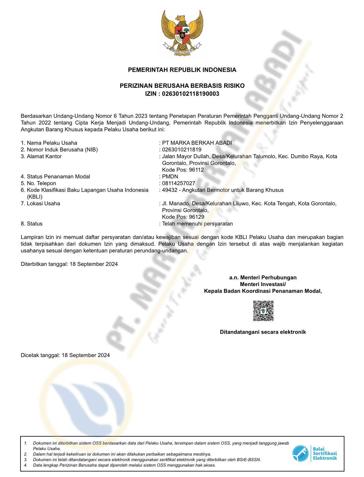Izin Angkutan Barang Khusus PT. Marka Berkah Abadi