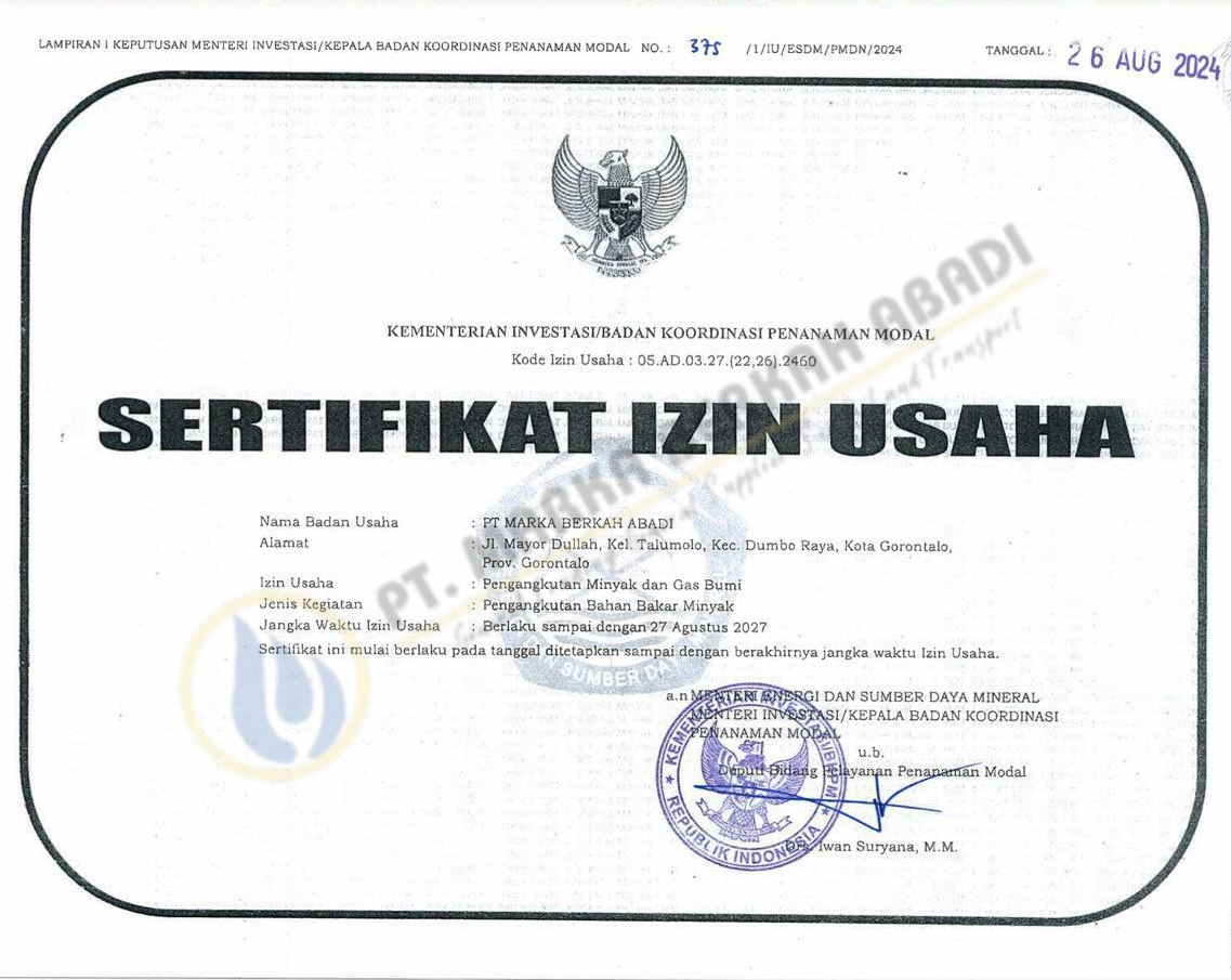 Izin Usaha Pengangkutan Migas PT. Marka Berkah Abadi