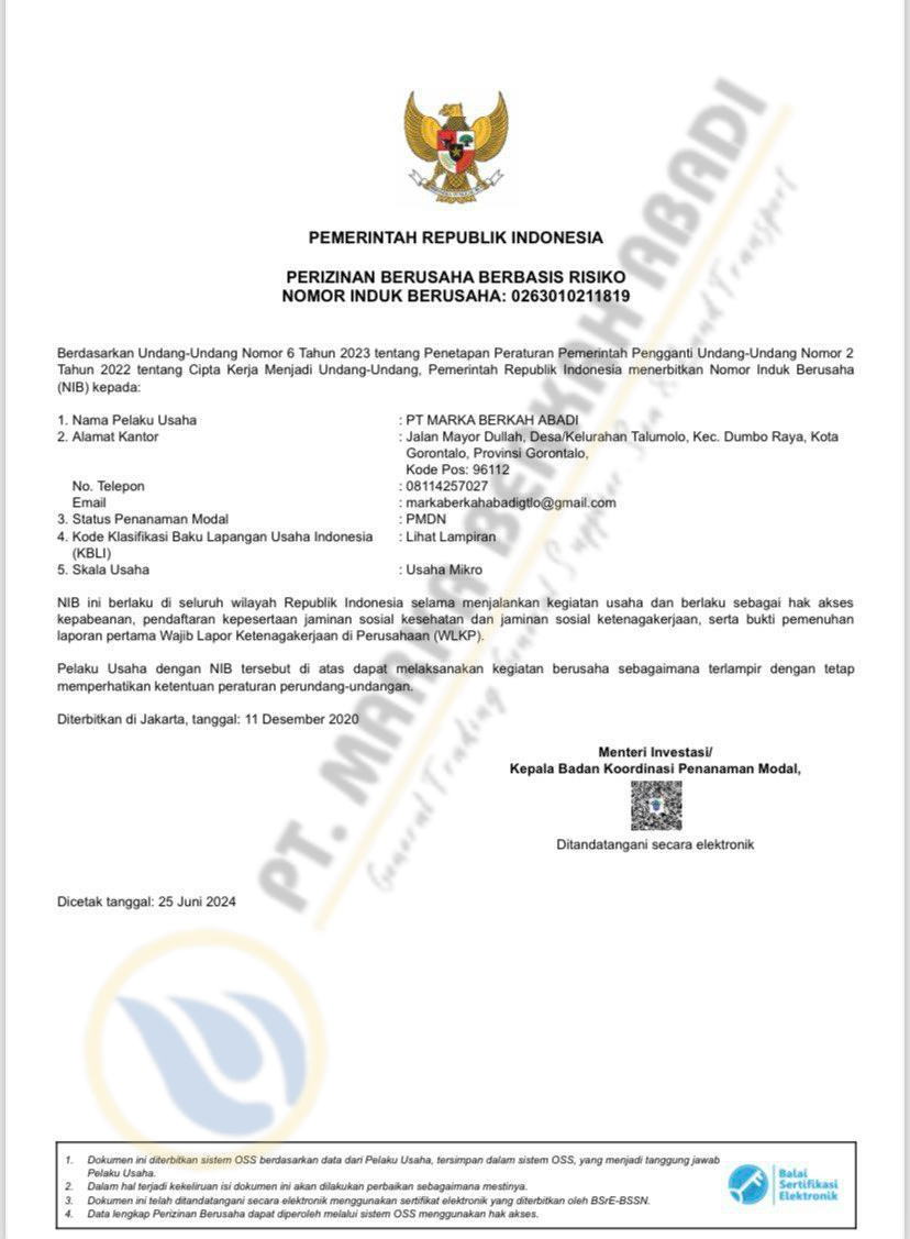 Nomor Induk Berusaha PT. Marka Berkah Abadi