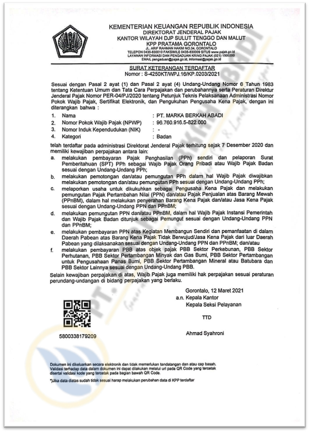 NPWP & Surat Keterangan Terdaftar PT. Marka Berkah Abadi