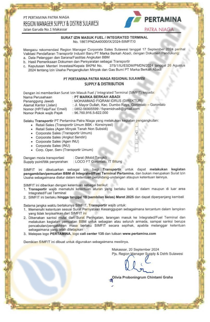 Surat Izin Masuk Fuel Terminal PT. Marka Berkah Abadi